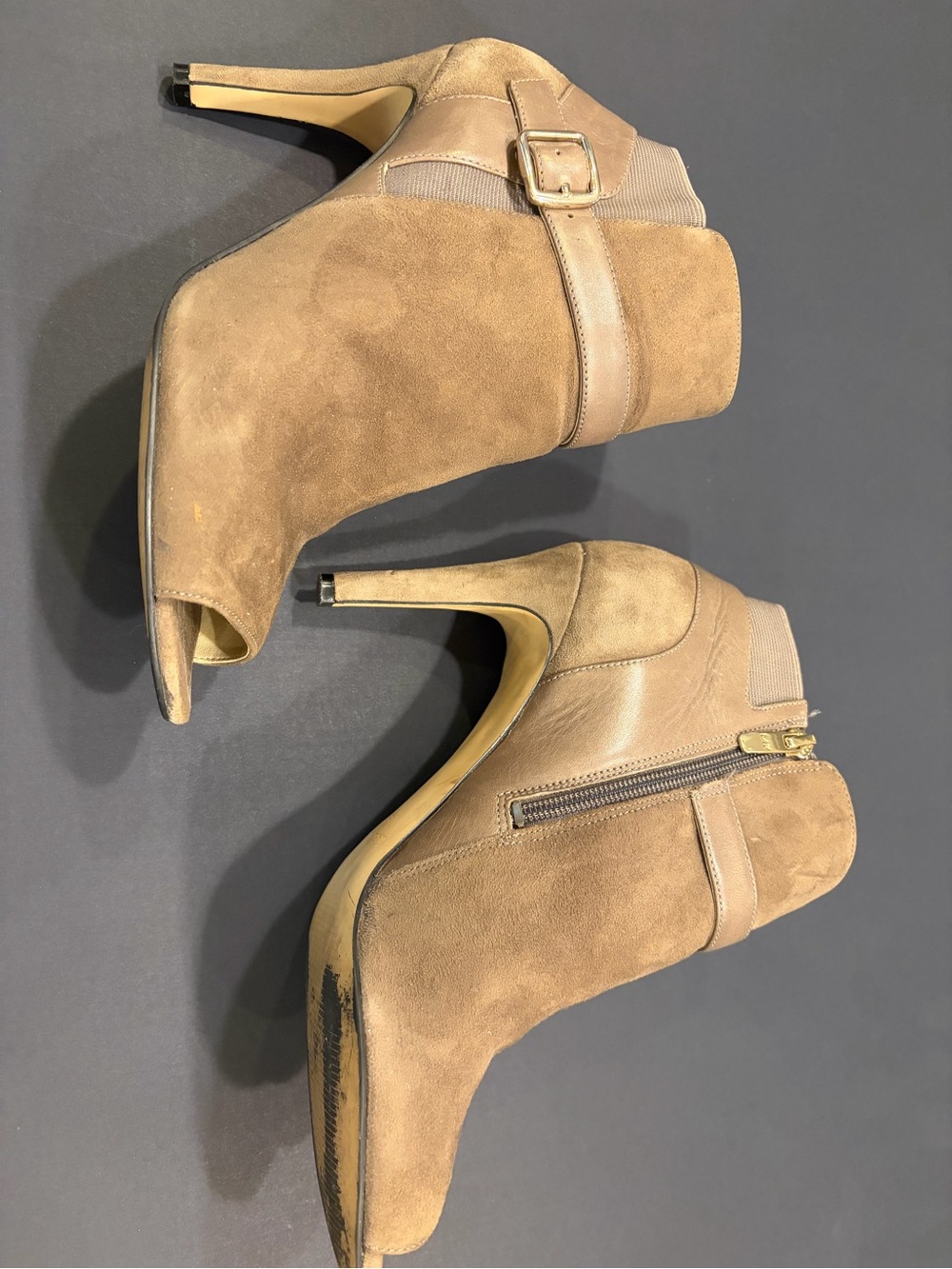 Marc Fisher Tan Suede Peep-Toe Ankle Booties with Buckle Detail